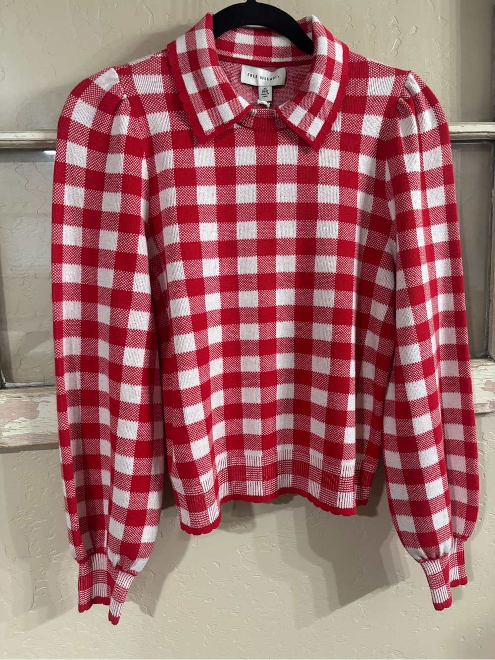 Free Assembly Red and White Gingham Collared Sweater